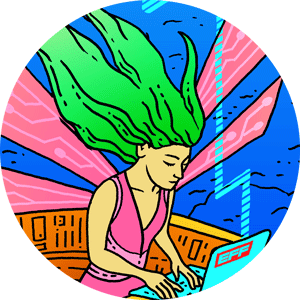 Illustration of a woman with green hair using a laptop